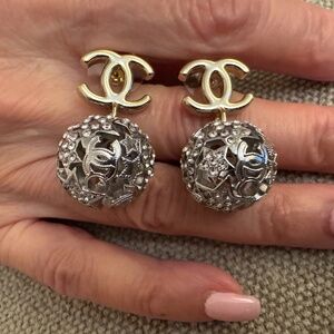 Rare Limited Edition Chanel Gold CC Logo Crystal Ball Dangle Drop Earrings